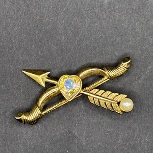 Gold Heart Bow And Arrow Brooch